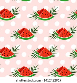 Vector seamless pattern with watermelon slices and tropical leaves on polka dot backdrop. Fashion summer background. For design banners, wrapping paper, print on clothes, wallpaper.
