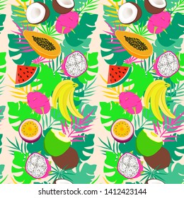 Vector seamless pattern with watermelon slices, coconut, passion fruit, dragon fruit, banana and tropical leaves. Fashion summer background. For design banners, wrapping paper, print on clothes, wallp