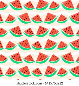 Vector seamless pattern with watermelon slices on wavy backdrop. Summer fashion background. Perfect for cafe menu cover, design banners, wrapping paper, print on clothes, wallpaper, texture.