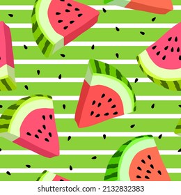 Vector seamless pattern with watermelon slices. Colorful hand-drawn repeatable background. Summer fruits with seeds backdrop.