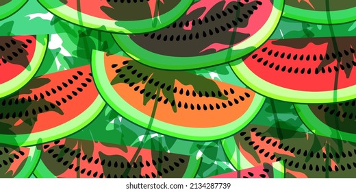 Vector seamless pattern with watermelon slices and leaves. Colorful hand-drawn repeatable background. Summer fruits with seeds backdrop.