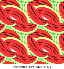 Vector seamless pattern with watermelon slices. Colorful hand-drawn repeatable background. Summer fruits with seeds backdrop.