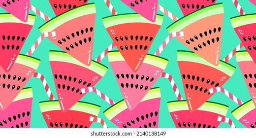 Vector seamless pattern with watermelon slices and cocktail straws. Colorful hand-drawn repeatable background. Summer fruits with seeds backdrop.