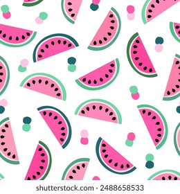 Vector Seamless Pattern with Watermelon Slices in Pink, Green, and Mint Colors, Tropical Summer Vibes Design with Seasonal Fruit 