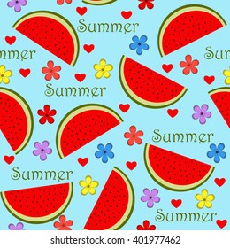 Vector seamless pattern with watermelon slices and colorful flowers on blue background.