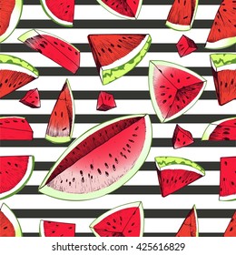 Vector seamless pattern of watermelon slices isolated on black strips background. Vibrant red and green summer watermelon parts. Hand drawn.