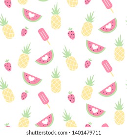 Vector seamless pattern with watermelon, Strawberry, ice cream and pineapple. Exotic background. Colorful cartoon summer illustration. Fruit print. Ideal for wrapping paper, packaging, textile, beddin