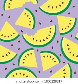 Vector seamless pattern of watermelon wedge with yellow pulp and seeds on a lilac background/