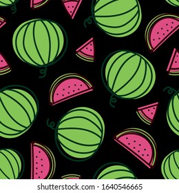 Vector seamless pattern with watermelons on black background; colorful summer design for fabric, wallpaper, wrapping paper, textile, package, web design.