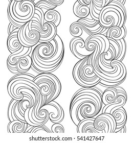 Vector seamless pattern with waves. Black and white hand-drawn illustration. Outline drawing on a white background.