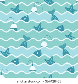 Vector seamless pattern of waves and illustration of fish and float and starfish. Fishing trip