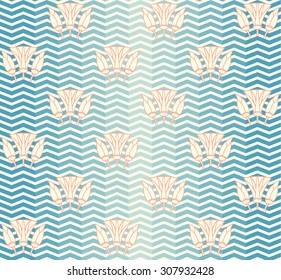 Vector seamless pattern with waves and lilies