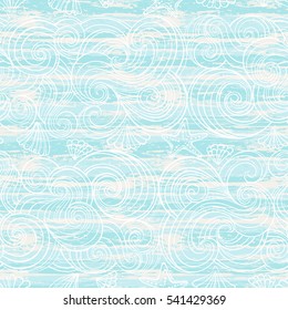 Vector seamless pattern with waves and shells on the texture background. 