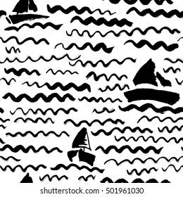 Vector seamless pattern with waves and ship. Artistic ink background on marine theme in doodle minimalistic style. Design for backdrops with sea, rivers or water texture