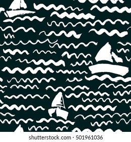 Vector seamless pattern with waves and ship. Artistic ink background on marine theme in doodle minimalistic style. Design for backdrops with sea, rivers or water texture