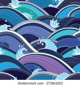 Vector seamless pattern with waves, splashes and lotuses. Abstract background with water and flowers. eps 10