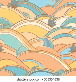 Vector seamless pattern with waves, splashes and lotuses. Abstract background with water and flowers. eps 10