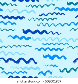 Vector seamless pattern with waves. Stripped artistic background on marine theme in doodle minimalistic style. Design for backdrops with sea, rivers or water texture