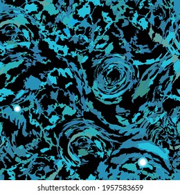 Vector seamless pattern with waves and swirls in blue and green colors reminding of open sea waves or deep space and alien galaxies, with subtle contours of dragon heads, for sports clothes, equipment