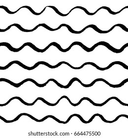 Vector seamless pattern with wavy brush strokes/ Hand drawn horizontal texture/ Abstract background in black and white