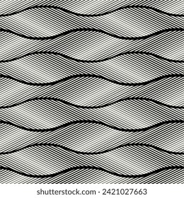 Vector seamless pattern. Wavy graphic design. Striped dynamic flow. Contemporary monochrome pattern. Versatile and visually captivating swatch.