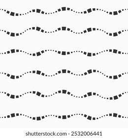 Vector seamless pattern. Wavy lines pattern made of small squares. Wavy seamless black and white background.