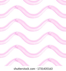 Vector seamless pattern with wavy pink realistic lipstick smudges on the white background. Rosy wallpaper with hand drawn texture.