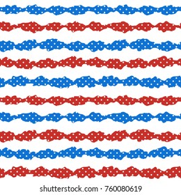 Vector seamless pattern with wavy rough blue and red stripes with white dots