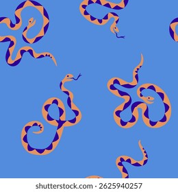 Vector seamless pattern with wavy snakes isolated on blue background. Perfect for decor of children baby room, textile, fabric, bedding, package, wallpaper. 