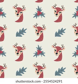 Vector seamless pattern with wawn head and holly branches and leaves. Winter holiday wallpaper with cute cartoon animal. Repeat texture with Christmas decorations elements for textile or wrapping.