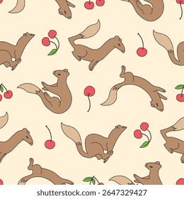 Padrão sem emenda do vetor de Weasel fundo de cereja animal para a superfície de tecido de impressão de embrulho de moda