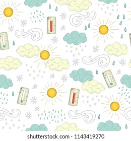 Vector seamless pattern of weather elements. Cute doodle style repeat background of sun, wind, rain, snow, clouds, hot and cold temperature