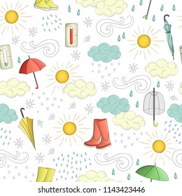 Vector seamless pattern of weather elements with rubber boots and umbrella. Cute doodle style repeat background of sun, wind, rain, snow, clouds, hot and cold temperature