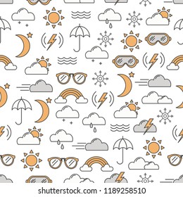 Vector seamless pattern with weather symbols, icons. Thin line art flat style design background, wallpaper.