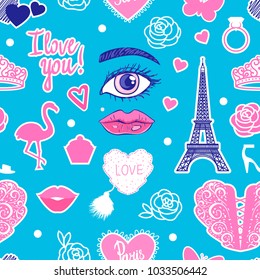 Vector seamless pattern. Wedding day. Eiffel Tower, Girl, Flamingo,ring, heart symbol. Inscription I love you. 