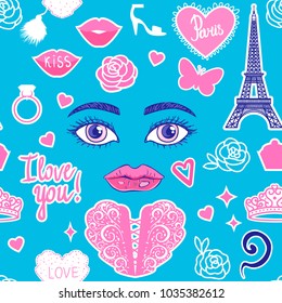 Vector seamless pattern. Wedding day. Eiffel Tower, Girl, Rose,ring, heart symbol. Inscription I love you. 