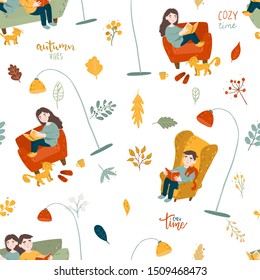 Vector seamless pattern. Welcome home, cozy time. autumn flat illustration