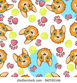Vector seamless pattern with welsh corgi , pink footsteps and green yellow balls on white background with blue circles. Funny dog pattern with yellow balls.
