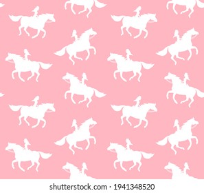 Vector seamless pattern of western cowboy girl woman riding running horse silhouette isolated on pink background