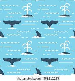 Vector seamless pattern with whale fins over the water. Whale produces a stream of water while swimming.