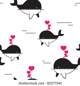 Vector seamless pattern with whale and hearts.