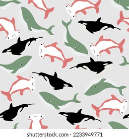 Vector seamless pattern with whale, killer whale, hammerhead fish.Underwater cartoon creatures.Marine background.Cute ocean pattern for fabric, childrens clothing,textiles,wrapping paper