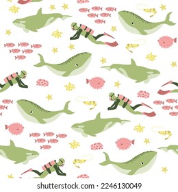 Vector seamless pattern with whale, killer whale, diver, shrimp, algae.Underwater cartoon creatures.Marine background.Cute ocean pattern for fabric, childrens clothing,textiles,wrapping paper