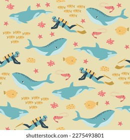 Vector seamless pattern with whale, killer whale, diver, shrimp, algae.Underwater cartoon creatures.Marine background.Cute ocean pattern for fabric, childrens clothing,textiles,wrapping paper