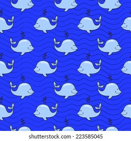 Vector seamless pattern with whale on blue ocean background in doodle style