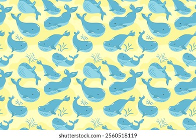 vector seamless pattern. whale pattern on light yellow background. sea background. ocean theme. children's ornament for fabric, packaging, stationery. cetaceans. underwater world