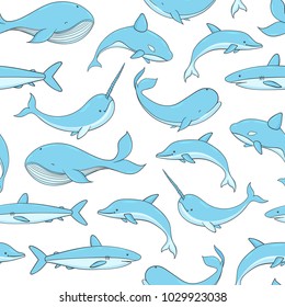 Vector seamless pattern and whale  shark  narwhal   dolphin the white background  Sea creatures and
marine life 
