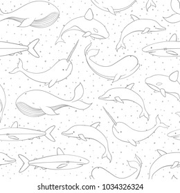 Vector seamless pattern with whale, shark, narwhal and dolphin contours on the polka dot white background. Sea creatures and marine life backdrop.