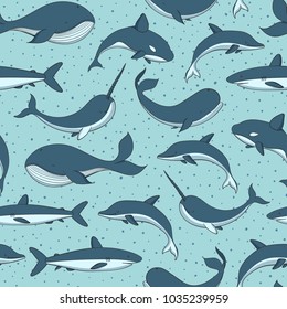 Vector seamless pattern with whale, shark, narwhal and dolphin on the polka dot blue background. Sea creatures and marine life.