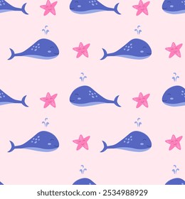 Vector seamless pattern with whale and starfish